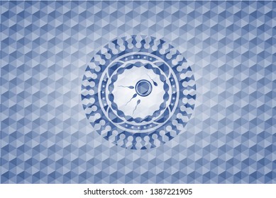 fertilization icon inside blue emblem with geometric pattern background.