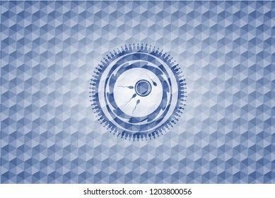 fertilization icon inside blue polygonal emblem.