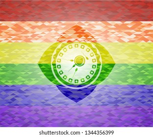 fertilization icon inside emblem on mosaic background with the colors of the LGBT flag