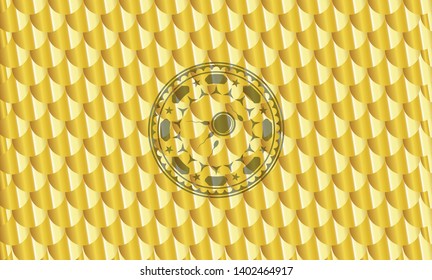 fertilization icon inside gold shiny emblem. Scales pattern. Vector Illustration. Detailed.