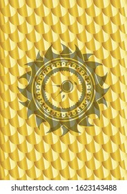 fertilization icon inside golden badge. Scales pattern. Vector Illustration. Detailed.