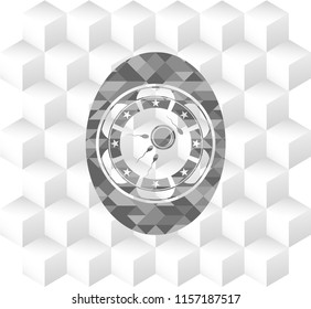 fertilization icon inside grey badge with geometric cube white background