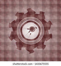 fertilization icon inside red badge with geometric pattern background. Seamless.