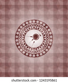 fertilization icon inside red emblem or badge with abstract geometric polygonal pattern background. Seamless.