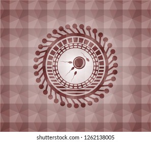 fertilization icon inside red emblem or badge with abstract geometric pattern background. Seamless.
