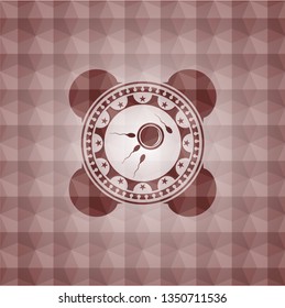 fertilization icon inside red seamless emblem or badge with abstract geometric pattern background.