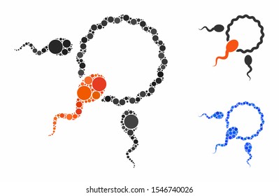 Fertilization mosaic of spheric dots in variable sizes and color hues, based on fertilization icon. Vector dots are organized into blue mosaic. Dotted fertilization icon in usual and blue versions.