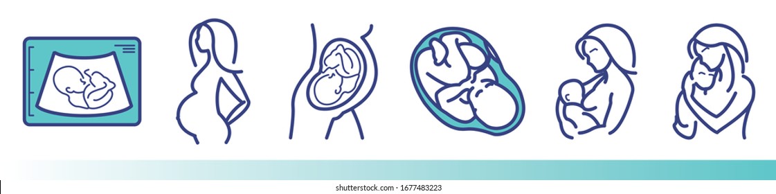 Fertilization, pregnancy, ultrasound procedure and motherhood. Vector icon set. For your design