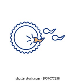 Fertilization process RGB color icon. Sperm fusing with ovum. Zygote activation. Sperm-egg recognition and fusion. Paternal sperm and maternal egg nucleus union. Isolated vector illustration