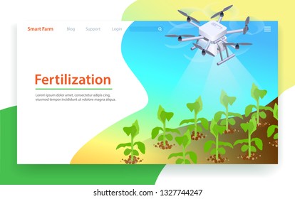 Fertilization in Smart Farm. Landing Page Template. Drone Fertilizer with Organic Nutrition. Natural Food Grow. Isometric Illustration of Automatic Agricultural Gardening. Plant Grow with Nutrient.