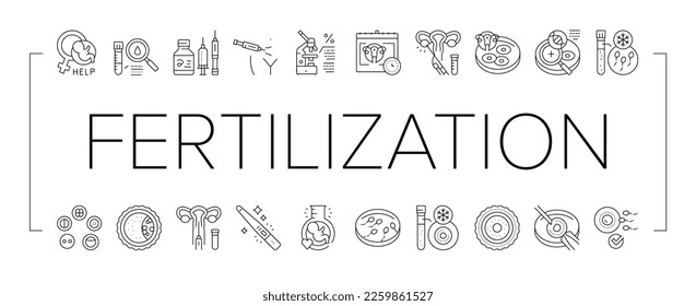 Tratamiento De Fertilización Colección Iconos Set Vector. Ayuda Y Consulta De La Fertilización, Análisis Y Medicamentos, Ilustraciones De Contorno Negro De La Ovulación Y El Esperma Congelación