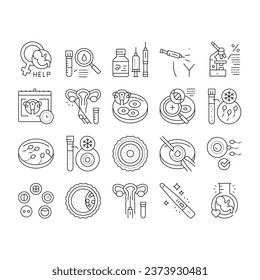 Tratamiento De Fertilización Colección Iconos Set Vector. Ayuda Y Consulta De La Fertilización, Análisis Y Medicamentos, Ilustraciones De Contorno Negro De La Ovulación Y El Esperma Congelación