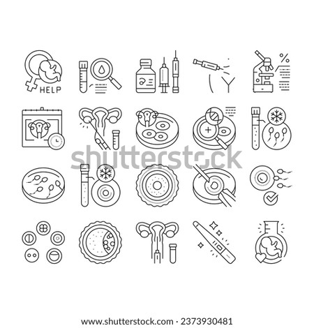 Fertilization Treat Collection Icons Set Vector. Fertilization Help And Consultation, Analysis And Medicaments, Ovulation And Freezing Sperm Black Contour Illustrations