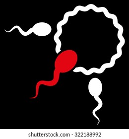 Fertilization vector icon. Style is bicolor flat symbol, red and white colors, rounded angles, black background.