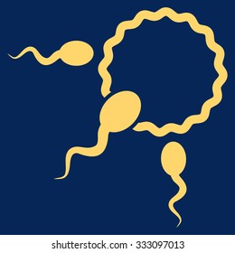 Fertilization vector icon. Style is flat symbol, yellow color, rounded angles, blue background.