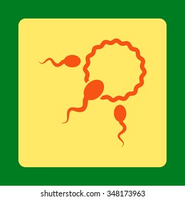 Fertilization vector icon. Style is flat rounded square button, orange and yellow colors, green background.