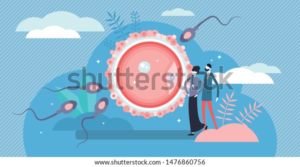 Fertilization vector illustration. Flat tiny\
baby planning persons concept. Pregnancy development and human\
reproduction symbolic visualization. New embryo life beginning and\
parenthood\
healthcare.
