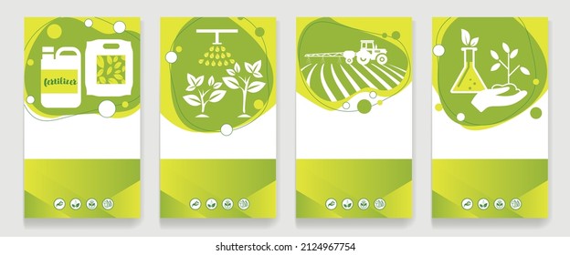 Fertilizer in a bag and canister, tractor fertilizes the soil in the field, irrigation of plants, chemical and organic fertilizers. Vector set of agricultural booklets, banners