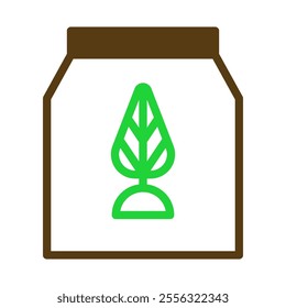 Fertilizer bag icon with leaf symbol. Concept of organic, eco friendly, and sustainable gardening.