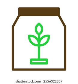 Fertilizer bag icon with plant symbol. Concept of agriculture, gardening, and farming.