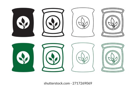 Fertilizer Bag Icon Set with Leaf Symbol Agriculture Packaging Isolated on White Background