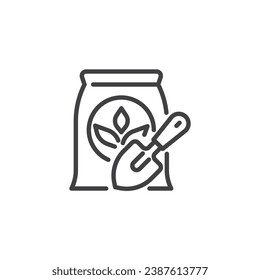 Fertilizer bag line icon. linear style sign for mobile concept and web design. Fertilizer sack and trowel outline vector icon. Symbol, logo illustration. Vector graphics