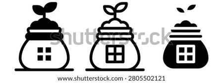 Fertilizer bag and plant sprout icon vector set. Agriculture soil sack, farming seed growth, and garden compost symbol. Organic botany, crop cultivation, and nursery equipment. Vector Illustration.