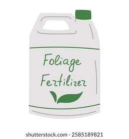 Fertilizer in container in flat cartoon design. Plant food for foliage growing in flowerpots or garden, nutrients for domestic greenhouse. Gardening, horticulture and farming. Vector illustration