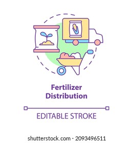 Icono de concepto de distribución de fertilizantes. Suministros de desarrollo agroindustrial. El mercado de productos agrícolas abstracta idea de la delgada línea ilustración. Dibujo de color de contorno aislado del vector. Trazo editable
