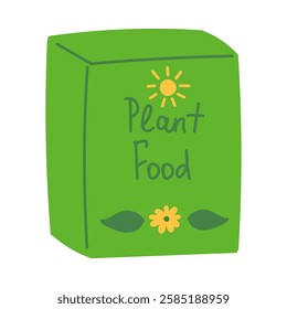 Fertilizer in green box in flat cartoon design. Plant food for growing in flowerpot and seeds germinating, domestic greenhouse nutrients. Gardening, horticulture and farming. Vector illustration