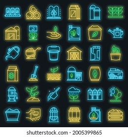 Fertilizer icons set. Outline set of fertilizer vector icons neon color on black