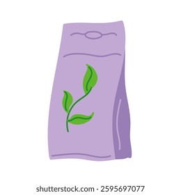 Fertilizer for leaves in purple box in flat cartoon design. Plant food for foliage growing, domestic greenhouse nutrients with organic formula in package with leaflet. Vector illustration