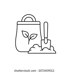 Fertilizer linear icon. Outline simple vector of bag with soil and shovel for growing plants. Contour isolated pictogram on white background