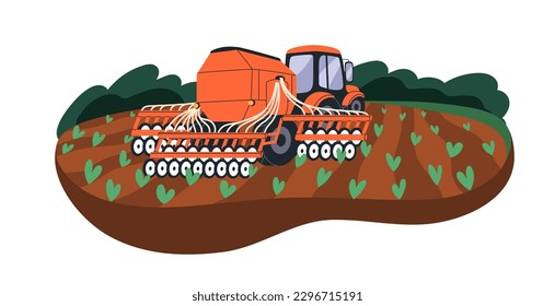 Fertilizer machine fertilizing agriculture soil, farm field, ground. Crop cultivation with tractor and tank at farmland, agricultural land. Flat vector illustration isolated on white background