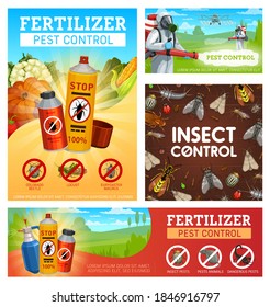 Fertilizer pest control vector posters. Disinsection, insect control on fields and gardens, exterminator with cold fogger spraying insecticide against insects and rodents. Aerosols for vermin fighting svg