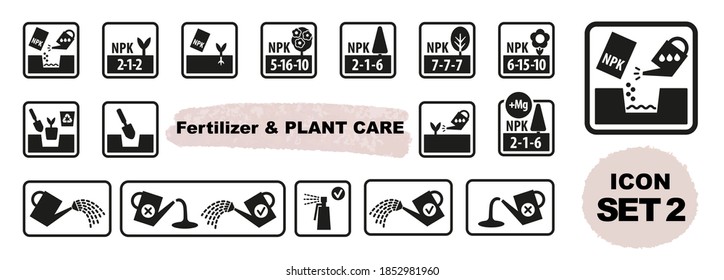 Fertilizer and plant care vector icon set. How to grow healthy plant instructions images. Planting, repotting seedlings, complex fertiliser use, watering can and spray bottle images with square frame