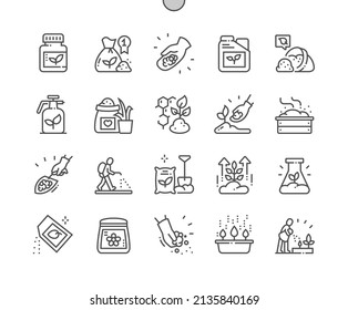 Fertilizer. Plants. Agriculture and growing. Natural fertilizer. Pixel Perfect Vector Thin Line Icons. Simple Minimal Pictogram