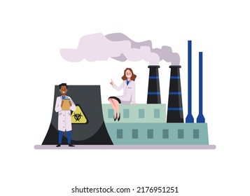 Fertilizer production for farming, huge smiling people in coats flat style, vector illustration isolated on white background. Workers of chemical industry, factory