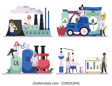 Fertilizer production for plant nutrient supplement, scientists work at the factory. Set of flat vector illustrations on white background. Fertilizer industry, agriculture and harvesting concepts.