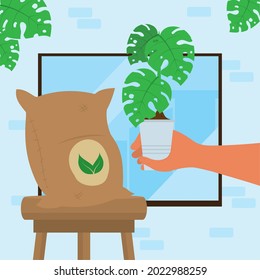 fertilizer sack and houseplant scene