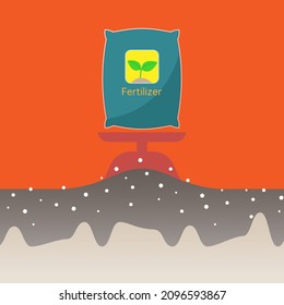 Fertilizer sack weighing on dial spring scale with chemical pellets spread on ground. Excessive use of fertilizer cause soil pollution concept. Vector illustration.