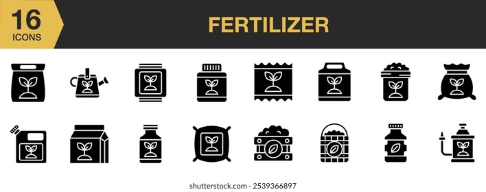 Conjunto de ícone sólido fertilizante. Inclui fertilizante ícones sólidos e Mais. Coleção vetorial de ícones sólidos.