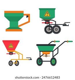 Fertilizer spreaders vector cartoon set isolated on a white background.