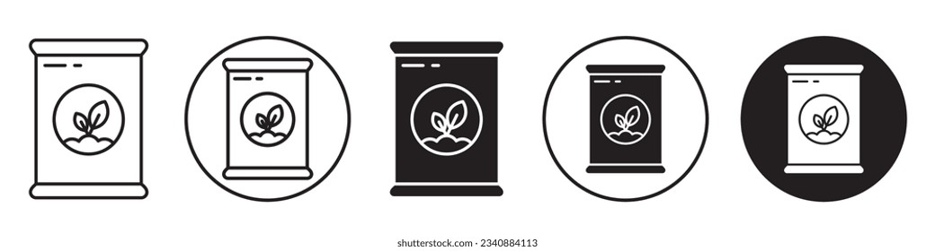 
Fertilizer symbol Icon. flat outlined black and white crop plant supplement. Gardening cultivation nutrient help farm soil improve seed care.Bag packaging with additive compost mixture in agriculture