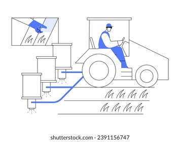 Fertilizer use abstract concept vector illustration. Farmer throwing fertilizers into ground sitting in tractor, agribusiness industry worker, crops with nutrients sector abstract metaphor.
