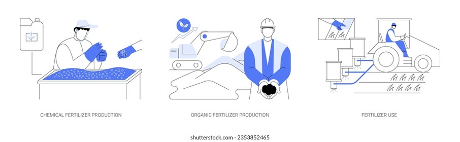 Fertilizers in agribusiness abstract concept vector illustration set. Chemical and organic fertilizer production and use, phosphorus, potassium and nitrogen, organic manure abstract metaphor.