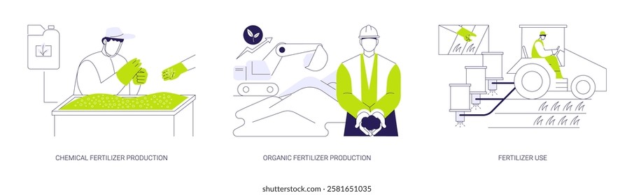 Fertilizers in agribusiness abstract concept vector illustration set. Chemical and organic fertilizer production and use, phosphorus, potassium and nitrogen, organic manure abstract metaphor.