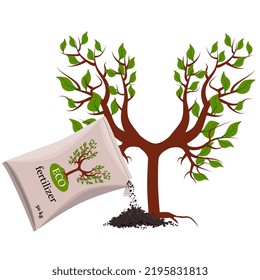 Fertilizers from bag poured under young tree, isolated on white background. Vector design element.