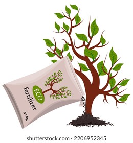 Fertilizers from bag poured under young tree sprout, isolated on white background. Vector design element.