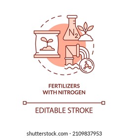 Fertilizers with nitrogen red concept icon. Reasons for climate change abstract idea thin line illustration. Isolated outline drawing. Editable stroke. Roboto-Medium, Myriad Pro-Bold fonts used
